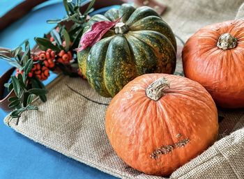 High angle view of pumpkins on table