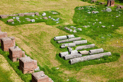 High angle view of cemetery on field