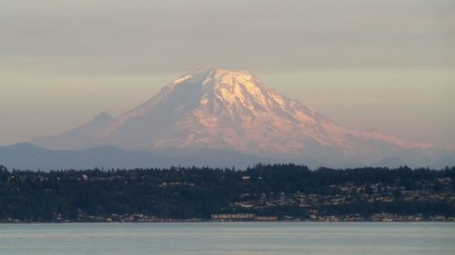 Scenic view of lake and mt rainier against sky