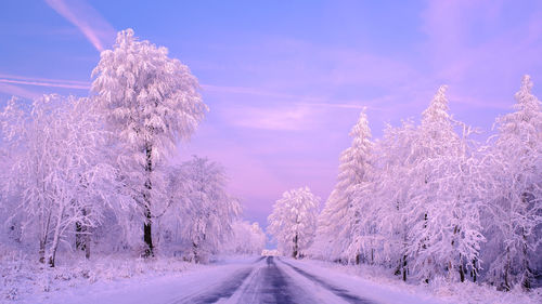 Road amidst snow covered trees against dramatic sky during winter