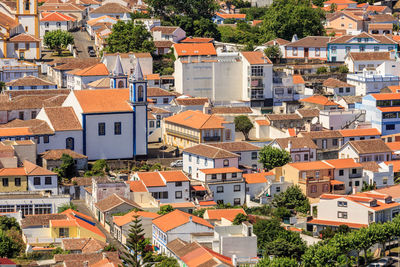 High angle view of buildings in town