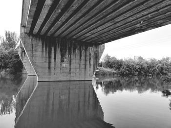 Reflection of bridge on lake against sky