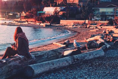 Side view of woman sitting on log at beach during sunset