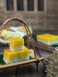 Kuih seri muka durian malay two-layered dessert with steamed glutinous rice. 