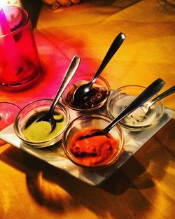 High angle view of glasses on table