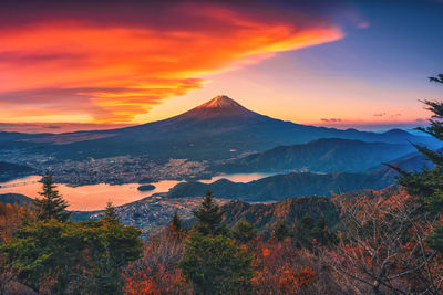 Scenic view of mountain against sky during sunset