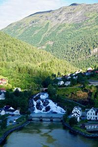 Scenic view of river by mountains