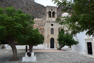 Trees by temple against sky