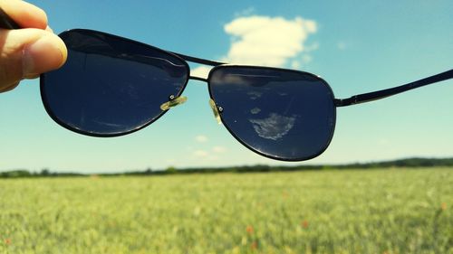 Close-up of grassy field against cloudy sky