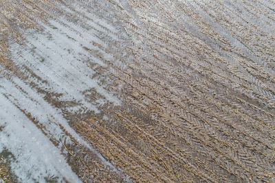 High angle view of tire tracks on sand