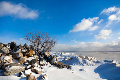Beautiful winter landscape with a sea view. stones on the beach in the winter season