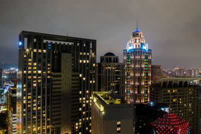 Illuminated buildings in city at night