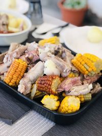 Close-up of seafood in plate on table