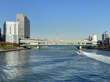 Bridge over river with buildings in background