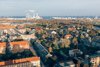 High angle view of cityscape against sky