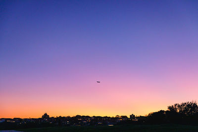 Silhouette of birds flying against sky during sunset