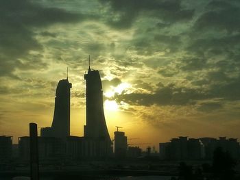 City skyline at sunset