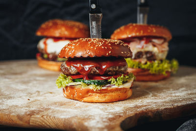 Close-up of burger on table