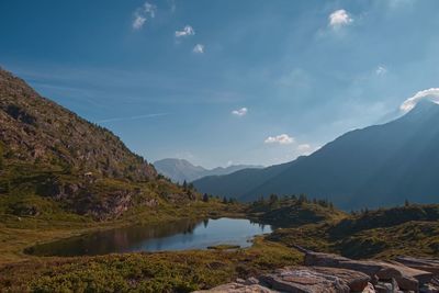 Scenic view of lake and mountains against sky