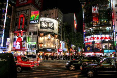 View of city lit up at night