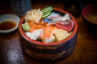 Close-up of sushi served on table