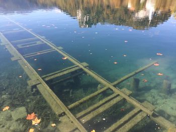 High angle view of reflection in lake