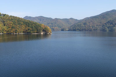 Scenic view of lake and mountains against sky