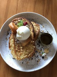 High angle view of breakfast served on table