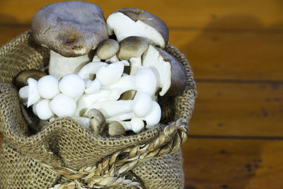 High angle view of mushrooms in sack