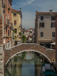Arch bridge over canal amidst buildings in city