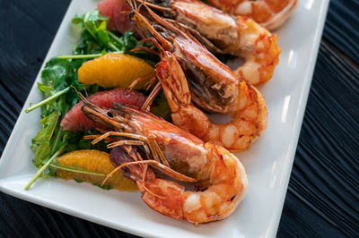 High angle view of seafood in plate on table