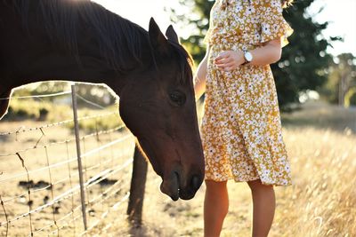 Midsection of woman standing by horse