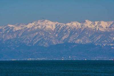 Scenic view of snowcapped mountains against clear sky