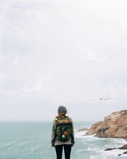 Rear view of man standing at beach against sky