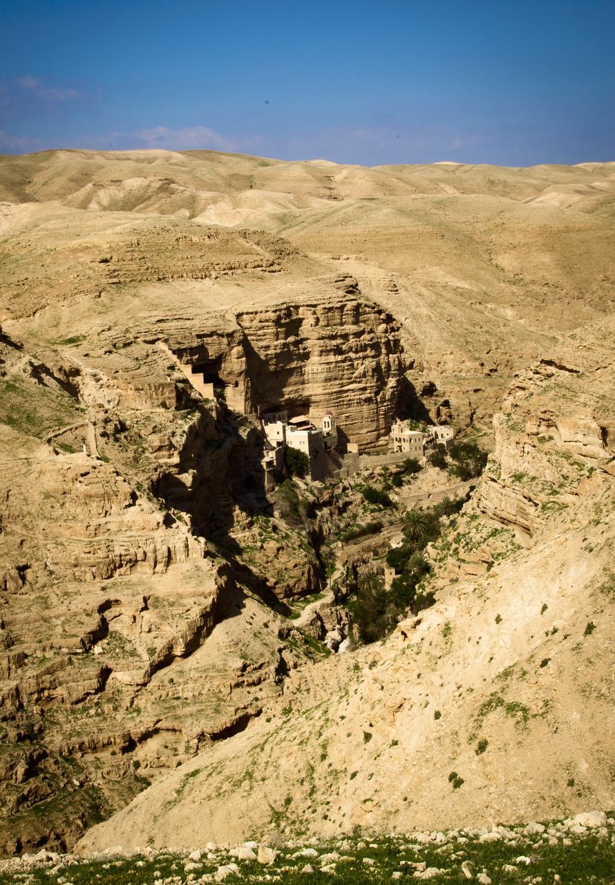 High angle view of land against sky