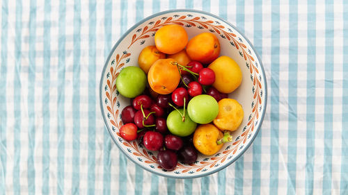 High angle view of fruits in bowl on table