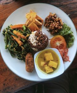 High angle view of meal served on table