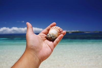 Hand holding sand on beach