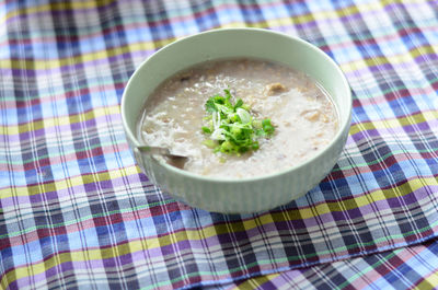 High angle view of soup in bowl on table