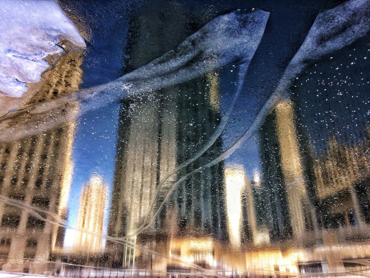 water, reflection, indoors, close-up, glass - material, transparent, night, window, no people, fountain, auto post production filter, full frame, panoramic, pattern, architecture, built structure, wet, illuminated