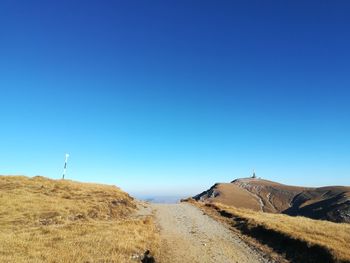 Road amidst desert against clear blue sky