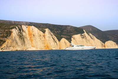 Yacht near the beautiful coast of kefalonia island, greece 