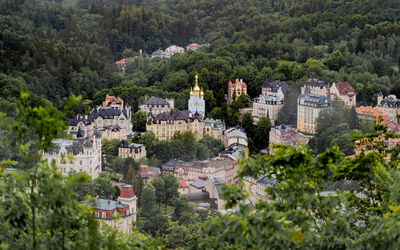 High angle view of buildings in town