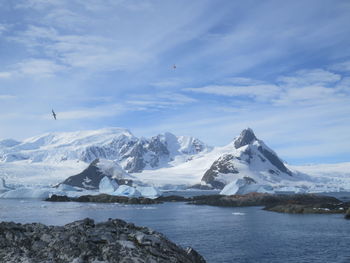 Scenic view of snow covered mountains