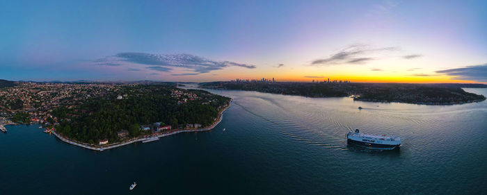 High angle view of sea against sky during sunset