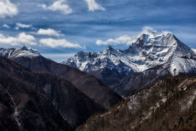 Scenic view of snowcapped mountains against sky