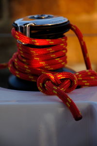 Close-up of rope tied on metal