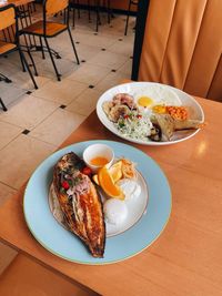 High angle view of food in plate on table