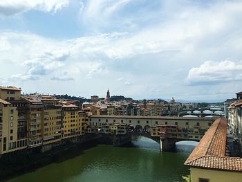 Bridge over river against buildings in city