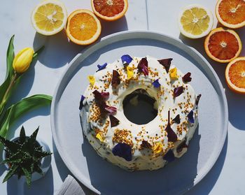 High angle view of fruits in plate on table